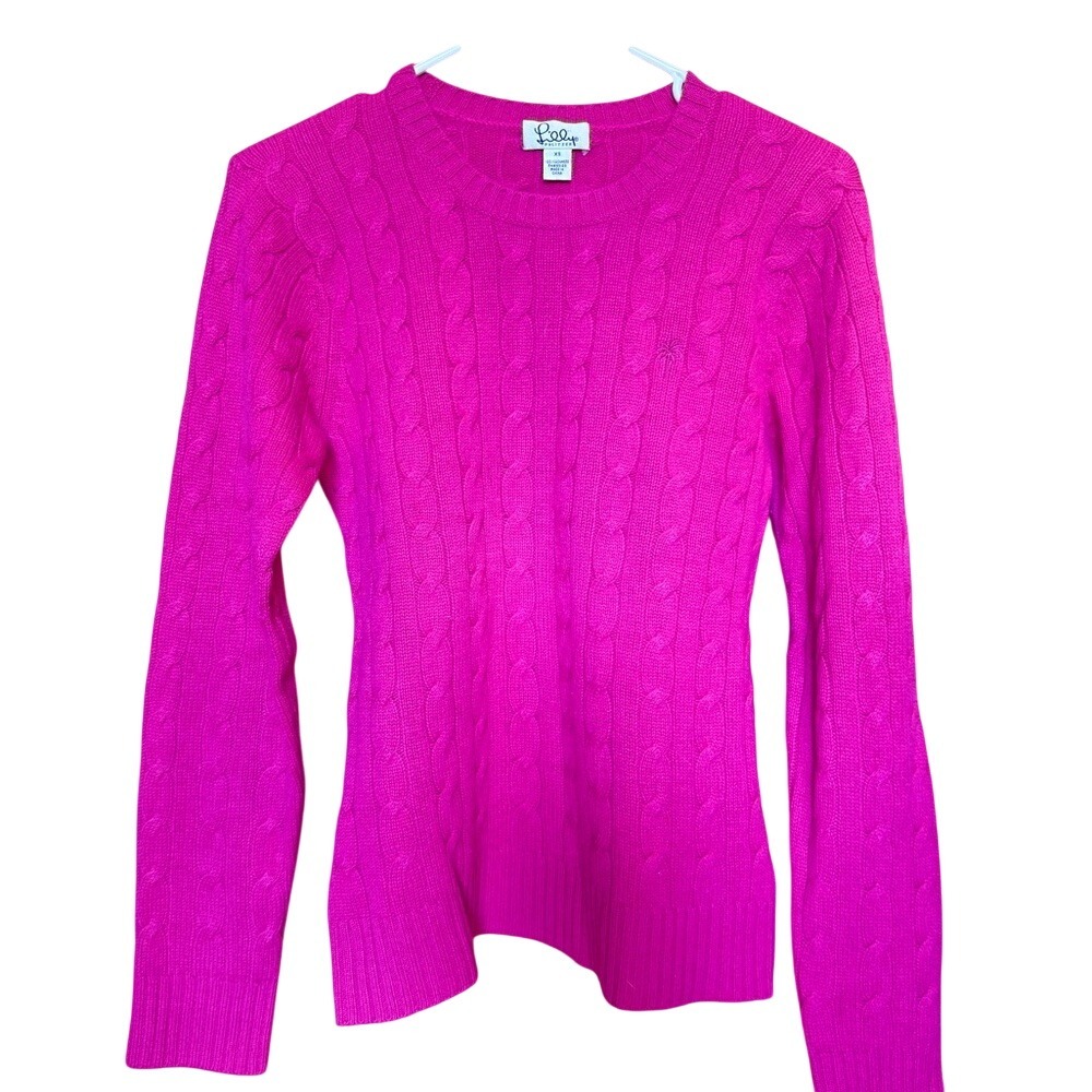 Lilly Pulitzer Hot Pink 100% Cashmere Cable Knit Sweater Palm Tree Logo XS